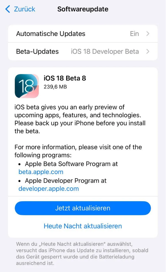 兰洋镇苹果手机维修分享苹果 iOS / iPadOS 18 开发者预览版 Beta 8 发布 